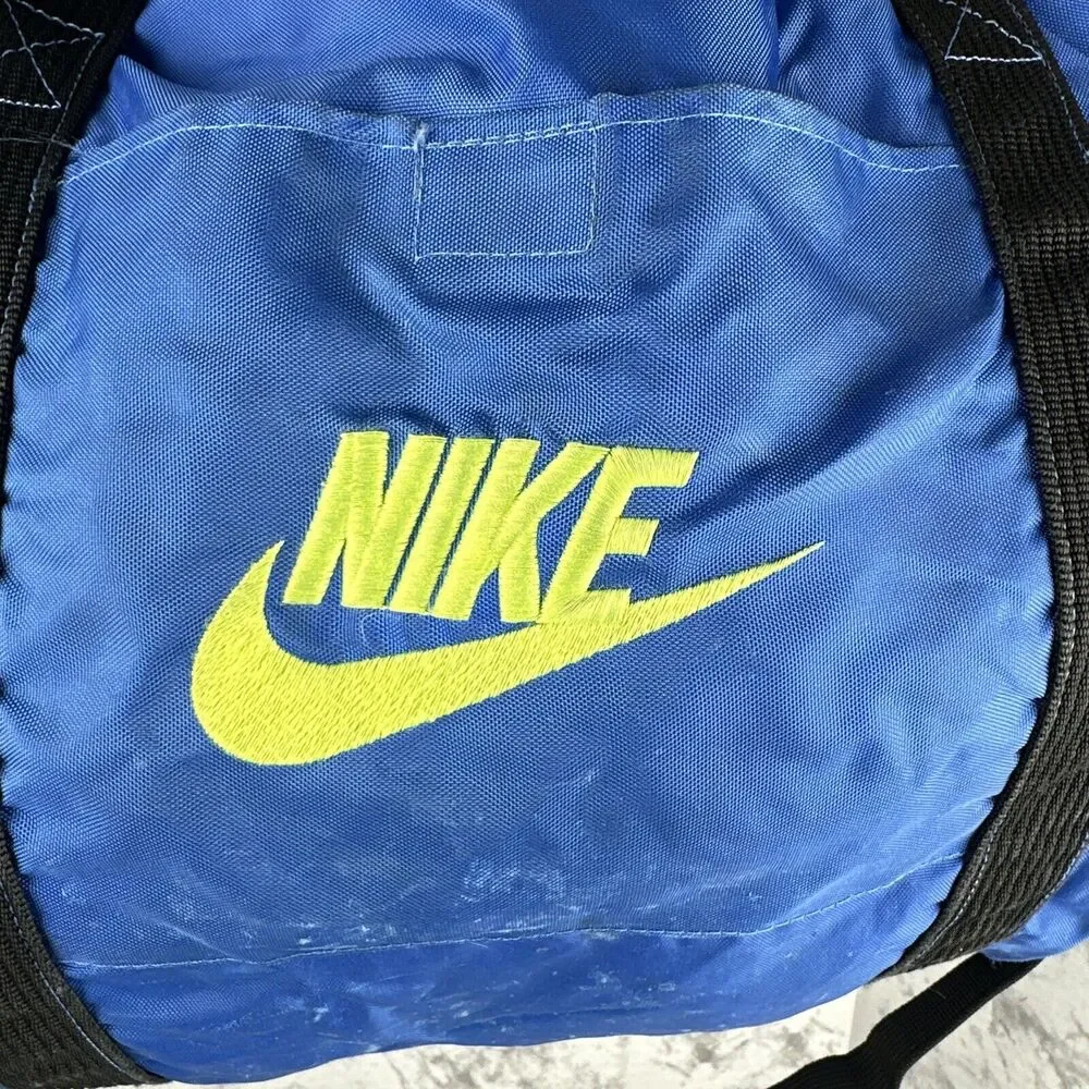 Vintage 80s Nike Gym Duffel Bag Blue Neon Green Nylon‎ Canvas Crossbody Strap